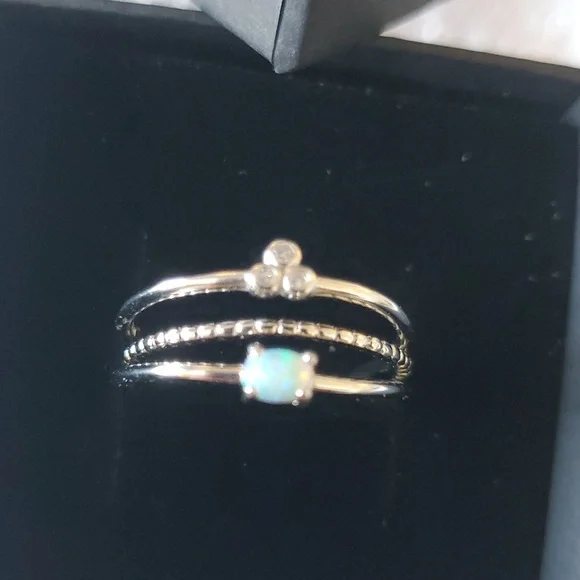Minimalist Sterling Silver 925 Opal CZ Stacking Ring Set Sz 7 Or 8 - Picture 4 of 5